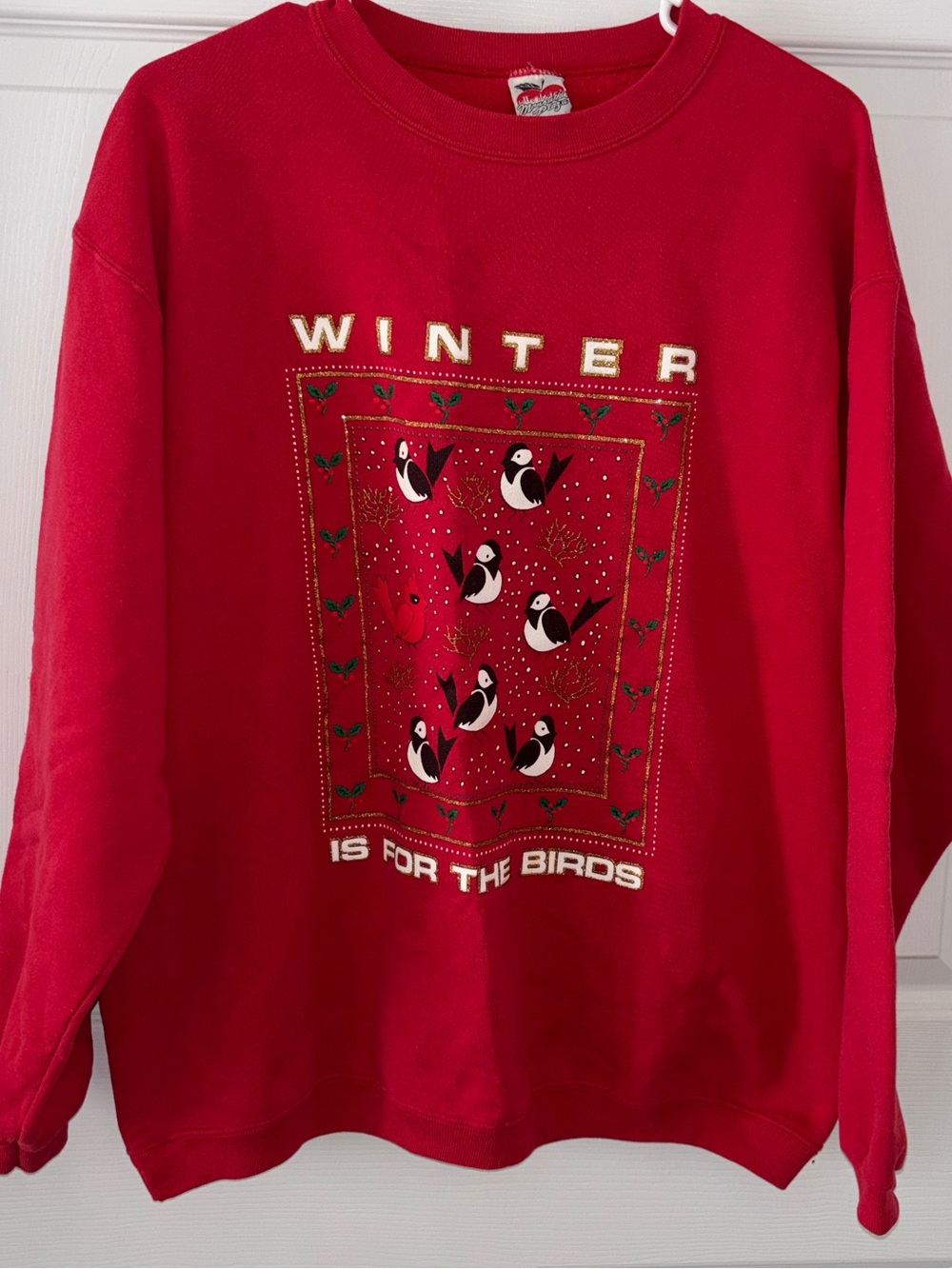 Vtg Red Winter 'Is For The Birds' Crewneck Sweatshirt size XL made in USA
